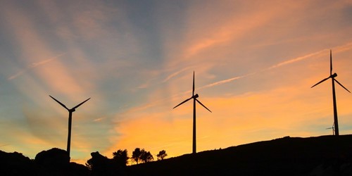 A sunrise behind a wind park