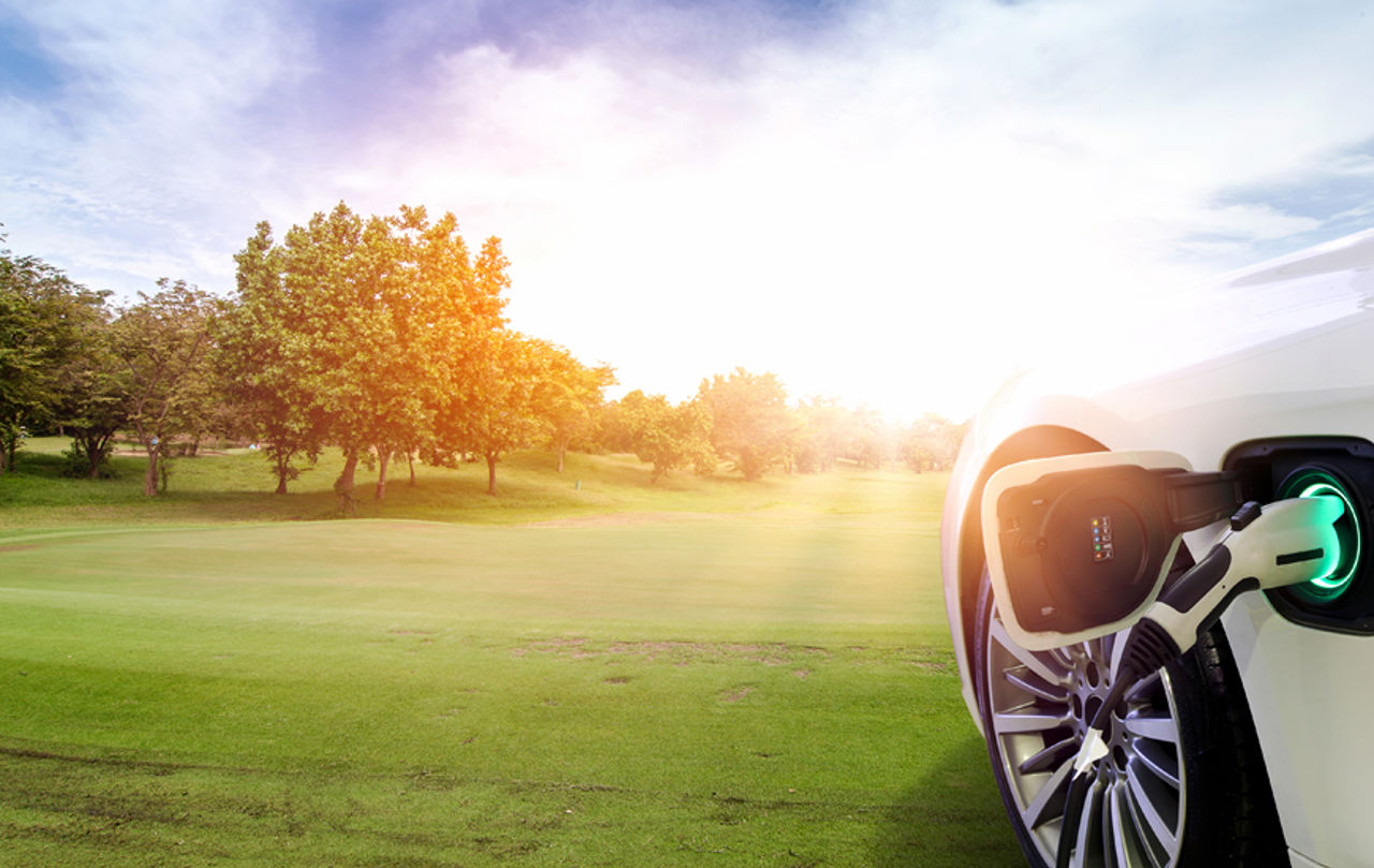 Electric car on green grass